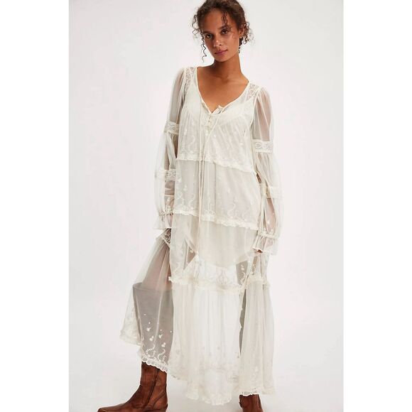 New Free People Stevie Maxi Dress Embroidered Sheer Mesh Ruffled Lined Sz Medium - Picture 1 of 9